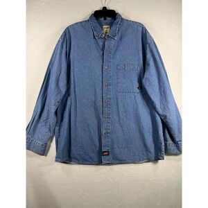Distressed Dickies Mens XL Blue Denim Long Sleeve Button Up Workwear Casual